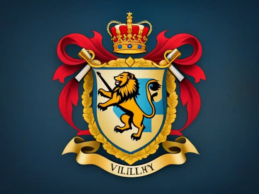 Un majestuoso escudo heráldico vintage de la familia Wilkinson, representando el origen y la genealogía con león, espada y colores regios