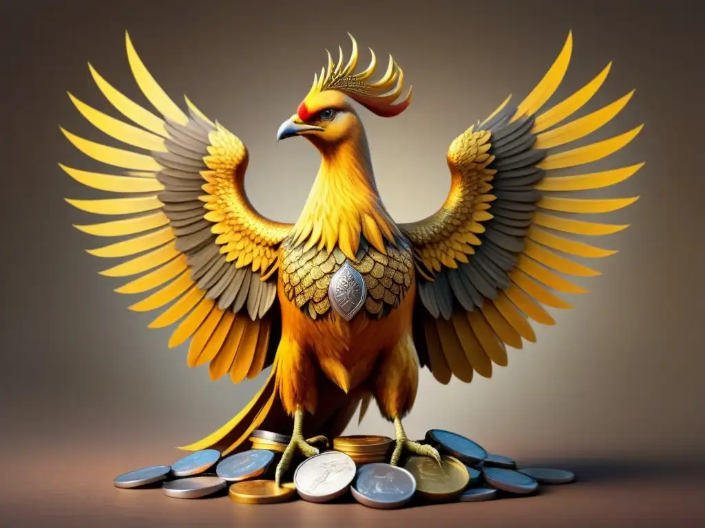 Un majestuoso Fénix dorado emerge de monedas antiguas, evocando historia, simbolismo y fortuna