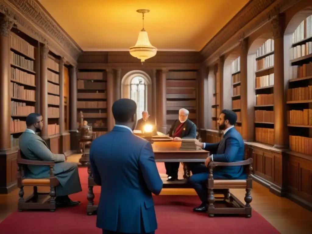 Un majestuoso legado filantrópico: biblioteca antigua iluminada por candelabros, con eruditos discutiendo, apellidos con M