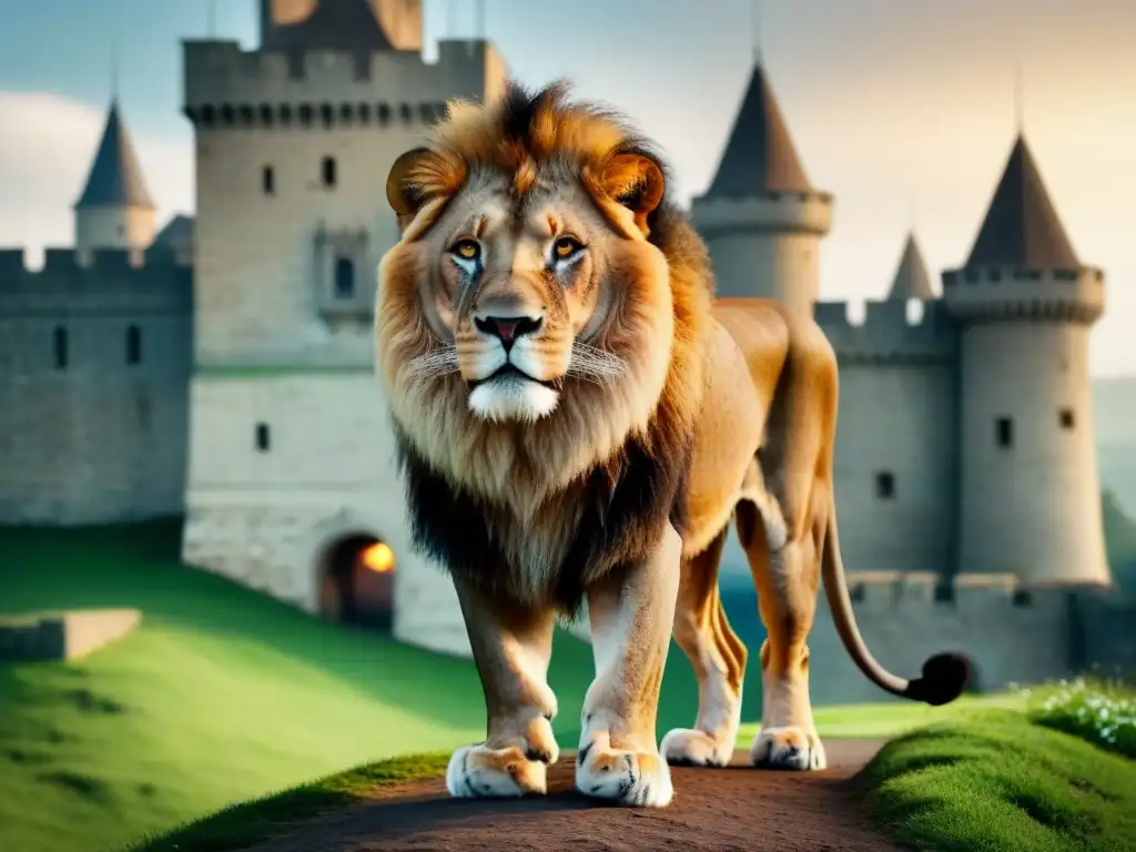 Un majestuoso león con melena exuberante frente a un castillo medieval, simbolizando fuerza y nobleza