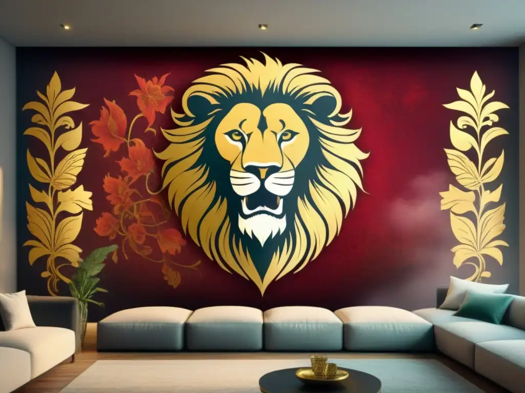 Un majestuoso mural con un león real en oro y carmesí, rodeado de motivos florales y banderas heráldicas