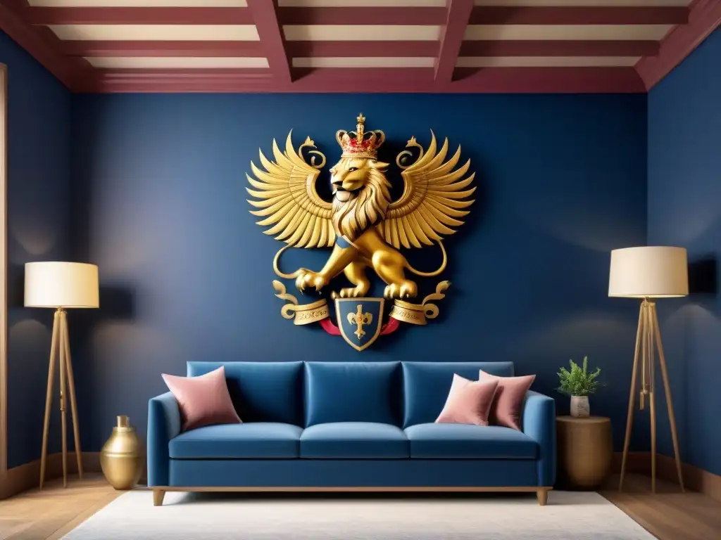 Un majestuoso mural vintage con símbolos heráldicos detallados en colores regios como el burdeos, azul y oro