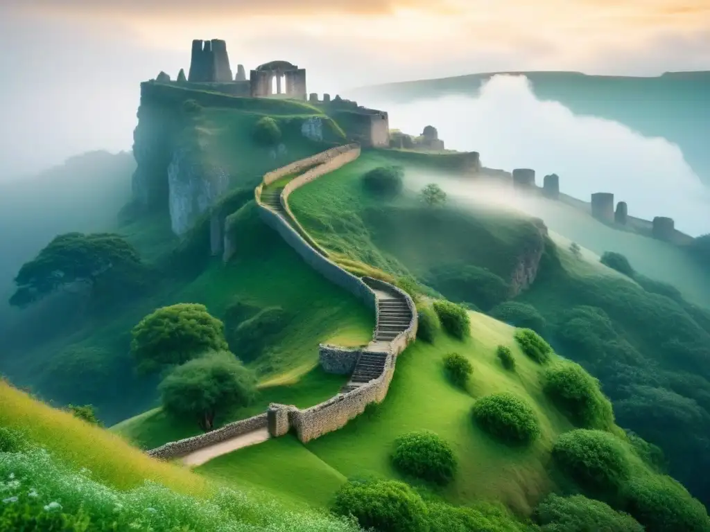 Majestuoso paisaje de montaña con ruinas antiguas en los acantilados, envuelto en misterio y historia, filtro vintage