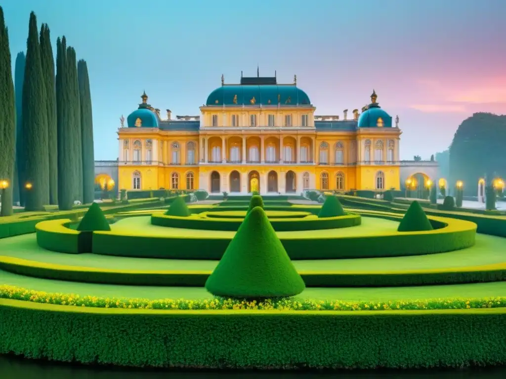 Majestuoso palacio europeo rodeado de jardines exuberantes, nobles elegantemente vestidos conversando