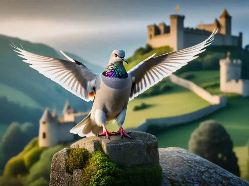 Un majestuoso Palomo y espada entrelazados en un castillo medieval, simbolizando paz y guerra