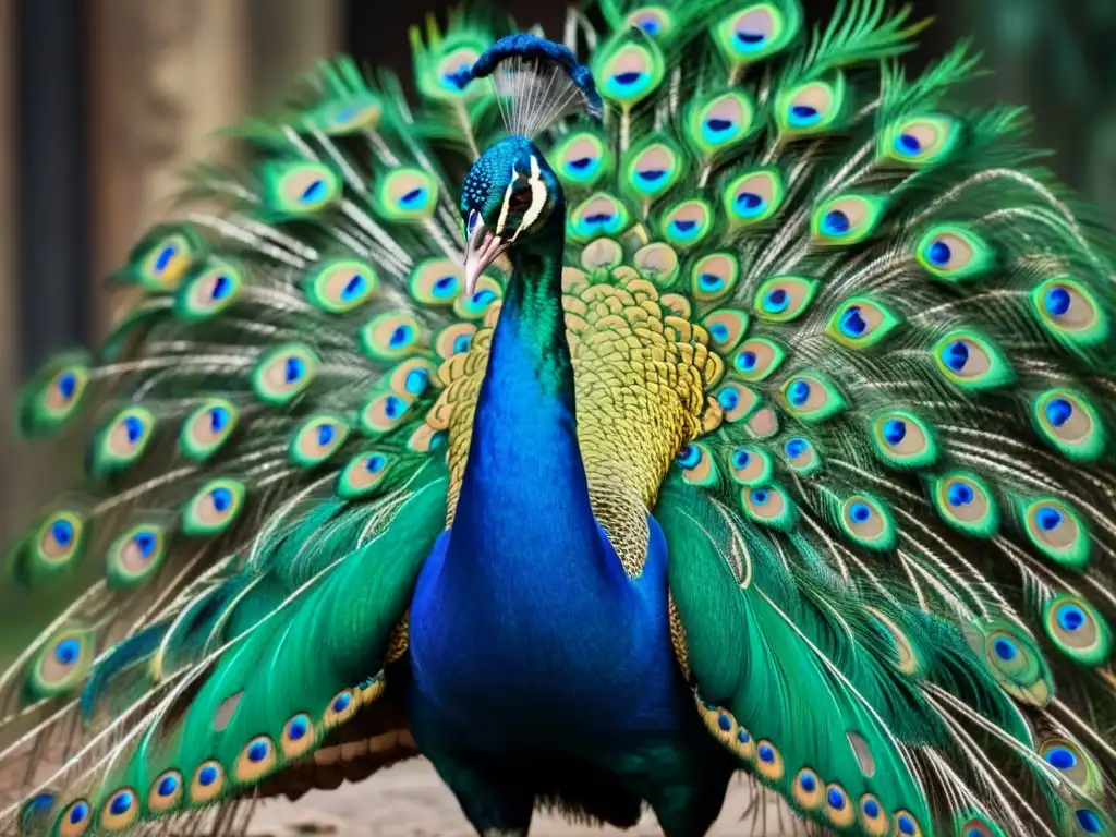 Majestuoso pavo real con plumaje vibrante sobre diseño hindú, simbolizando belleza y orgullo