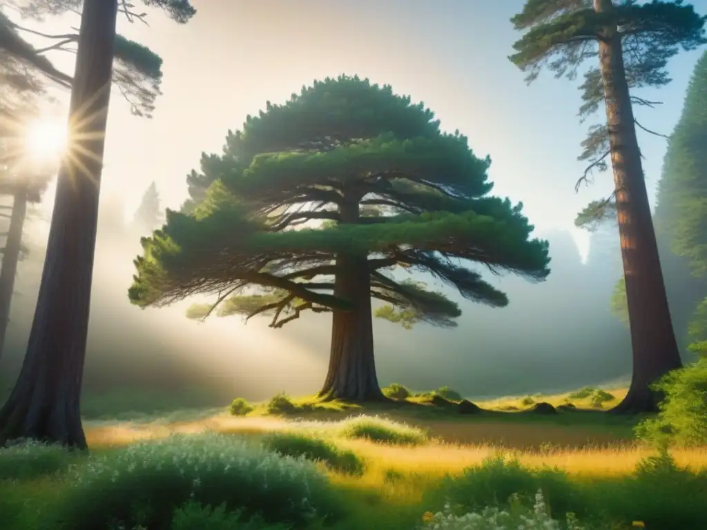 Un majestuoso pino antiguo en un bosque exuberante, bañado por la luz del sol entre flores silvestres