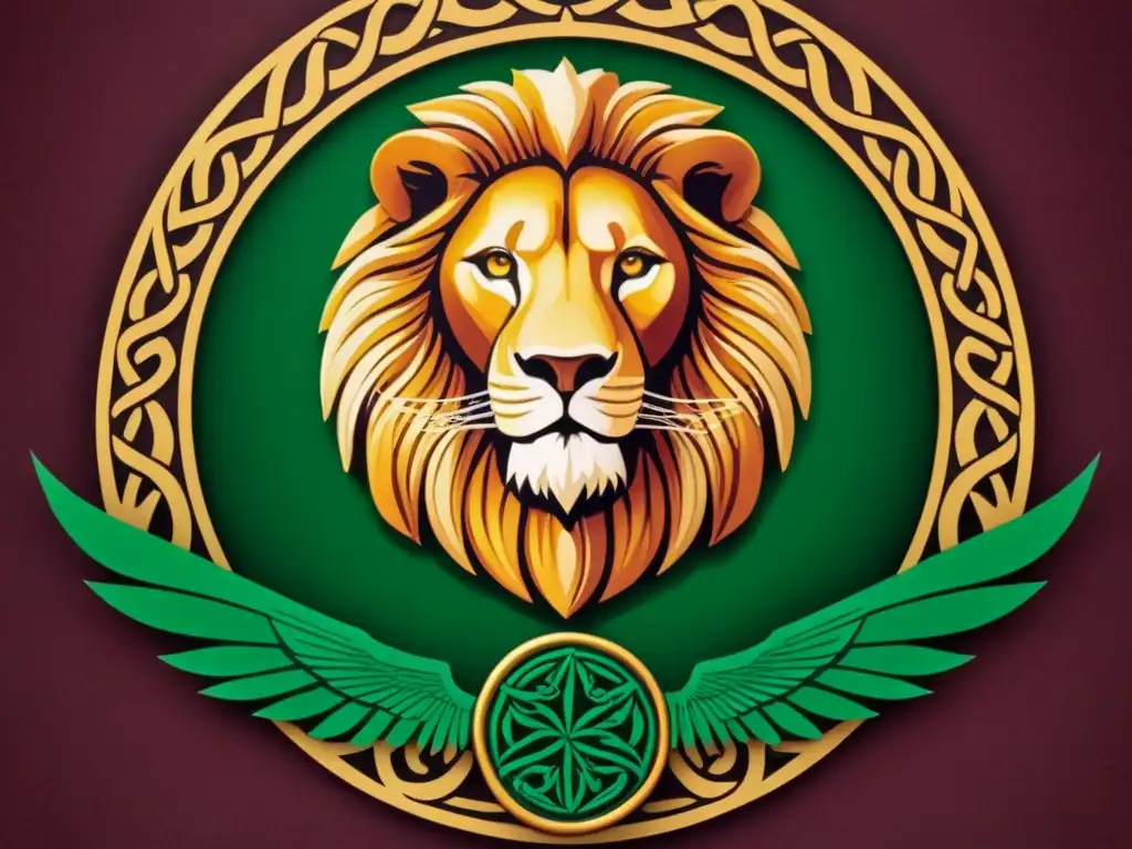 Un león majestuoso y un águila real entrelazados en un diseño celta, representando poder y fuerza en tonos dorados y verdes