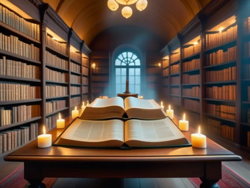 Un majestuoso salón de biblioteca antigua con estanterías llenas de libros antiguos, iluminado por velas