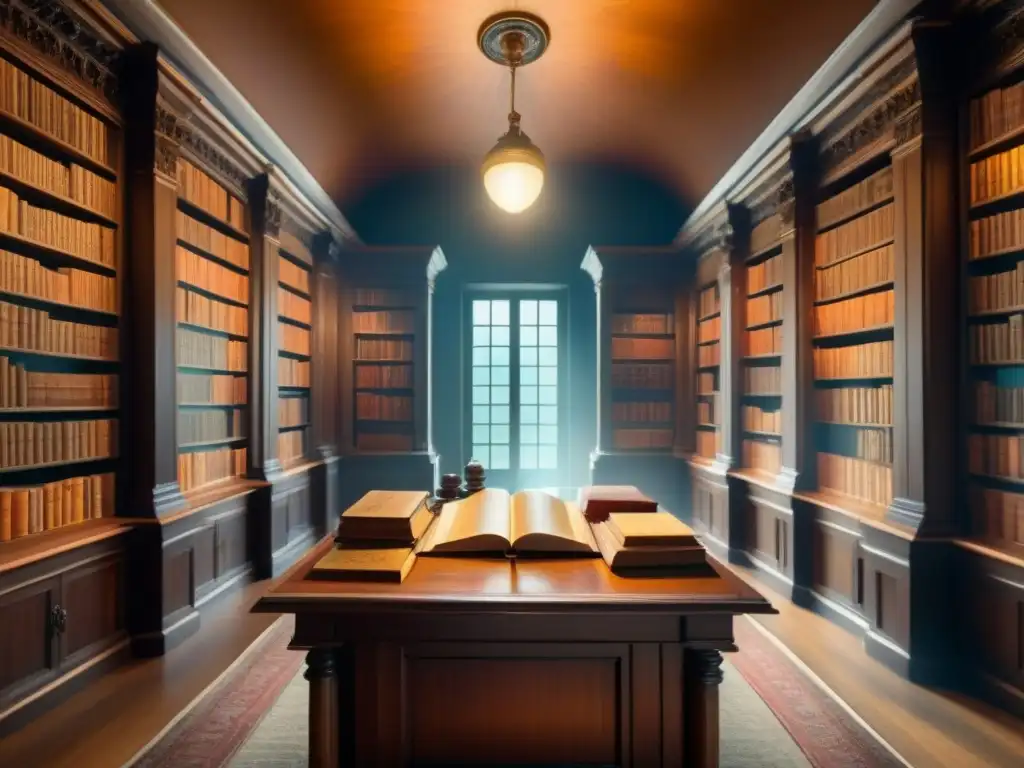 Un majestuoso salón de biblioteca con libros antiguos y estanterías de madera, iluminado por vitrales