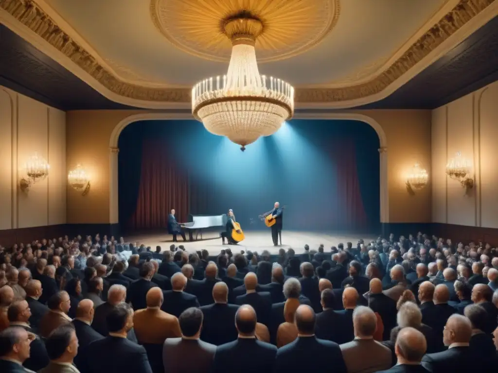 Un majestuoso salón de música con decoración ornamental y elegantes candelabros