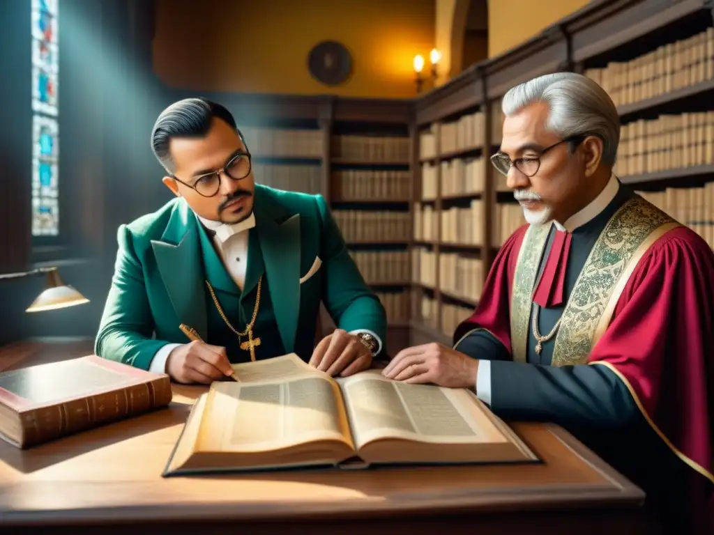 Un majestuoso salón de genealogía vintage, lleno de libros antiguos, mapas y pergaminos