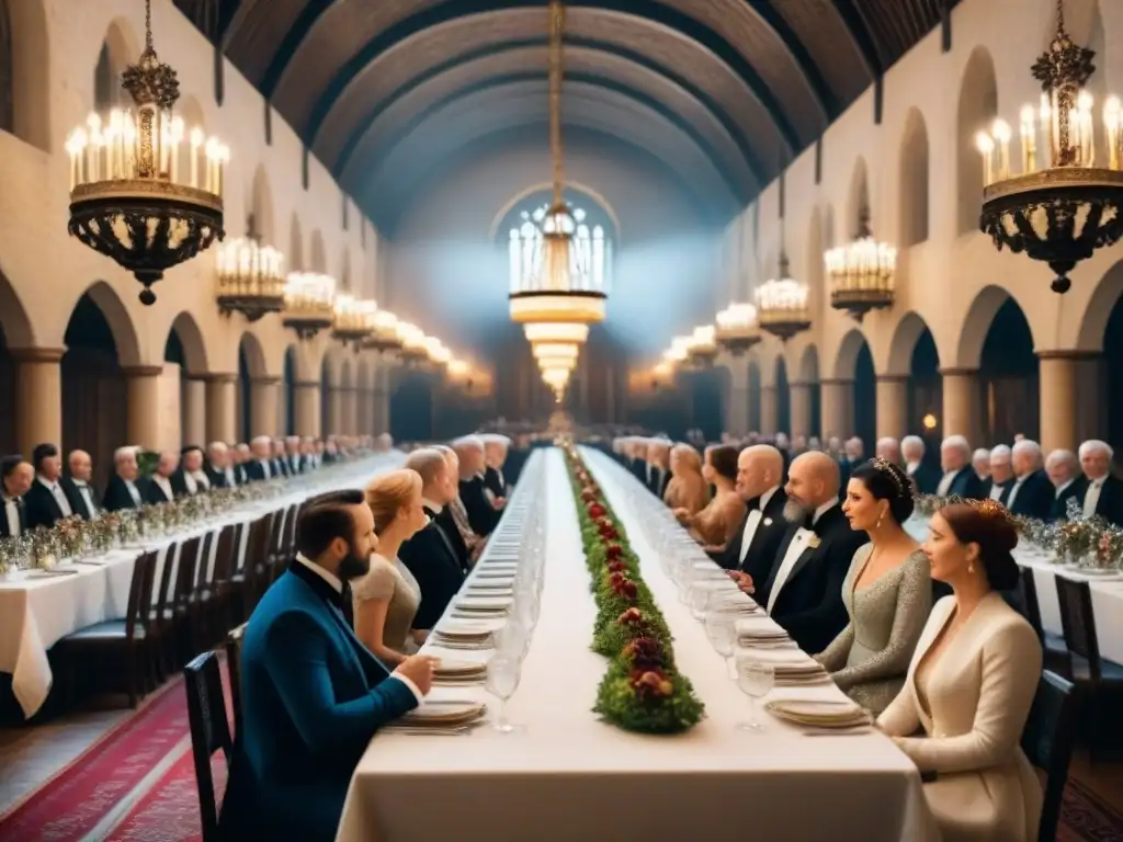 Majestuoso salón medieval con nobles y realeza disfrutando de banquetes lujosos