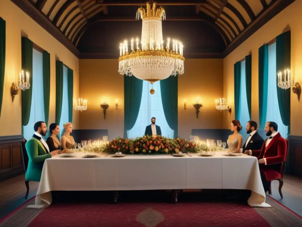 Majestuoso salón renacentista con nobles en un banquete lujoso