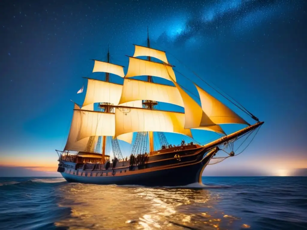 Majestuoso velero navegando bajo un cielo estrellado, con velas iluminadas por la luna