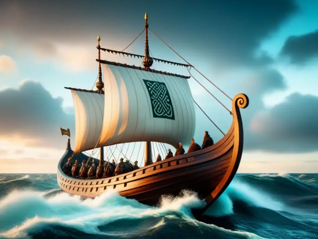 Un majestuoso drakkar vikingo con diseños celtas surca aguas turbulentas, conectando orígenes apellidos vikingos celtas