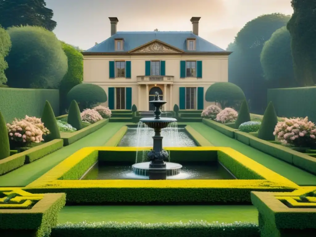 Una mansión ancestral con jardines exuberantes y una fuente majestuosa, reflejando la historia del apellido Wharton