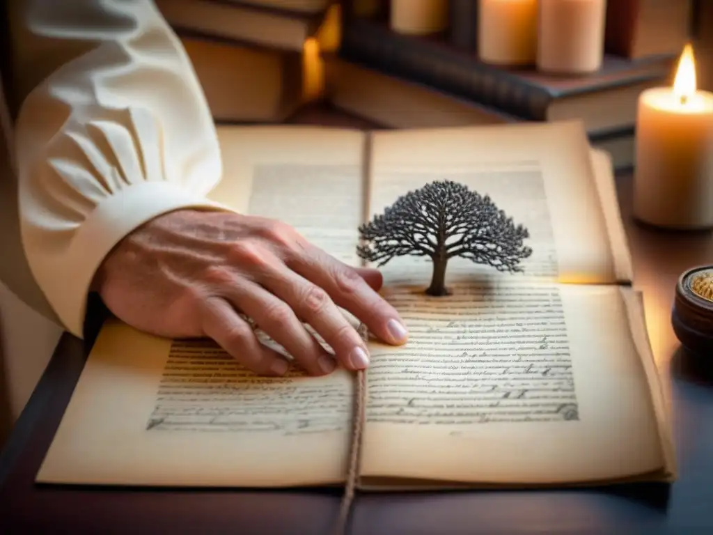 Manuscrito ancestral en sepia tocado por una mano en una habitación histórica con libros antiguos y luz de velas