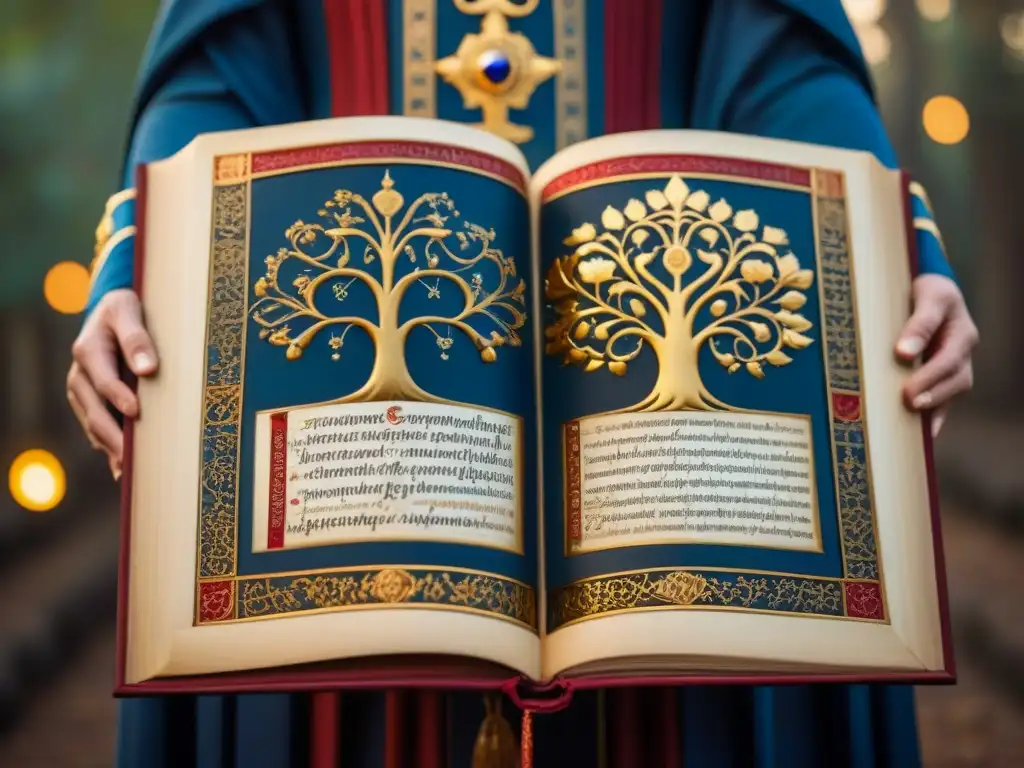 Un manuscrito iluminado medieval con un árbol genealógico detallado, bordes ornamentados y símbolos religiosos