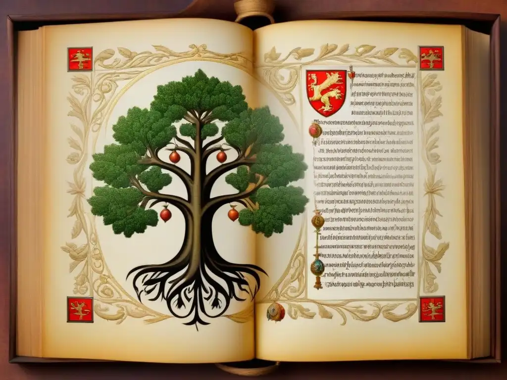 Un manuscrito medieval iluminado detalla un árbol genealógico con escudos de armas, sobre pergamino antiguo