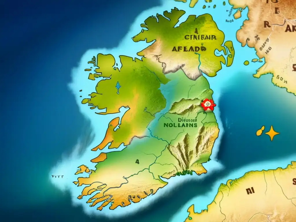 Mapa ancestral de Irlanda con detalles de la genealogía del apellido Farrell, inscripciones gaélicas y símbolos místicos