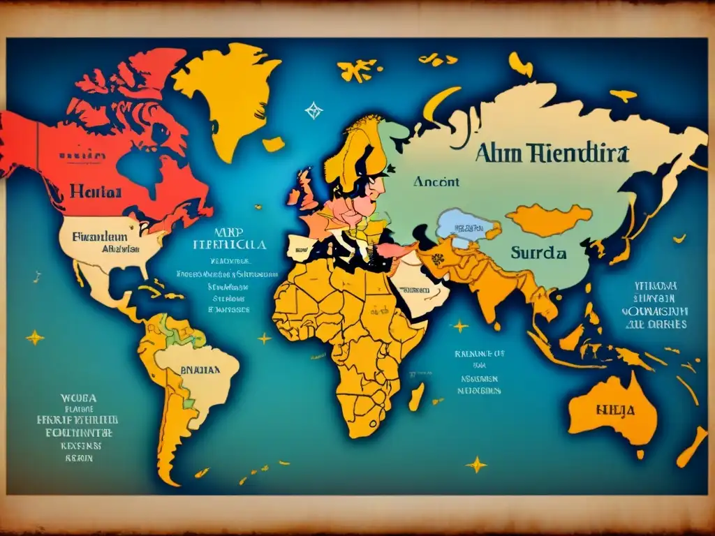 Mapa ancestral: caminos de unión entre culturas y continentes Mapa antiguo con apellidos que vinculan culturas y continentes lejanos