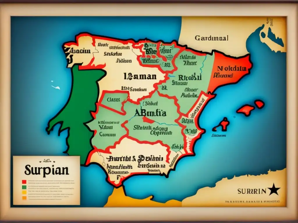 Un mapa antiguo que muestra la evolución de apellidos regionales en España, con caligrafía detallada y colores desgastados