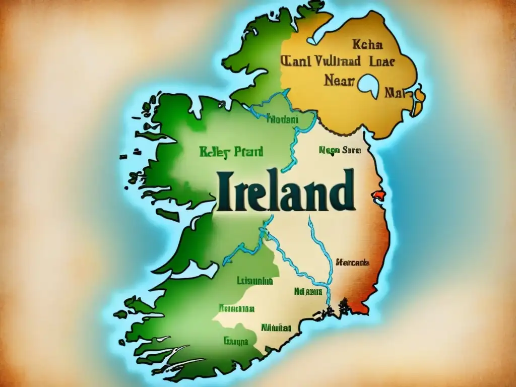 Mapa antiguo de Irlanda con los apellidos Kilpatrick, Keegan y Kelley