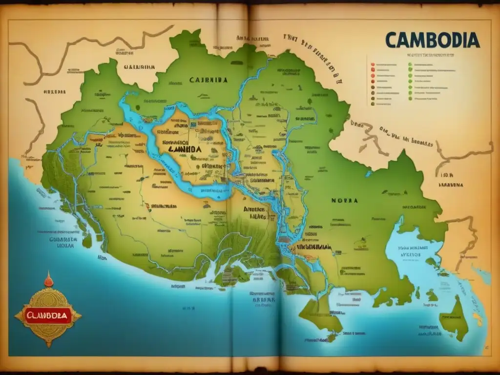 Mapa antiguo de Camboya con historia de apellidos linajes genealogía, arquitectura khmer y retratos históricos