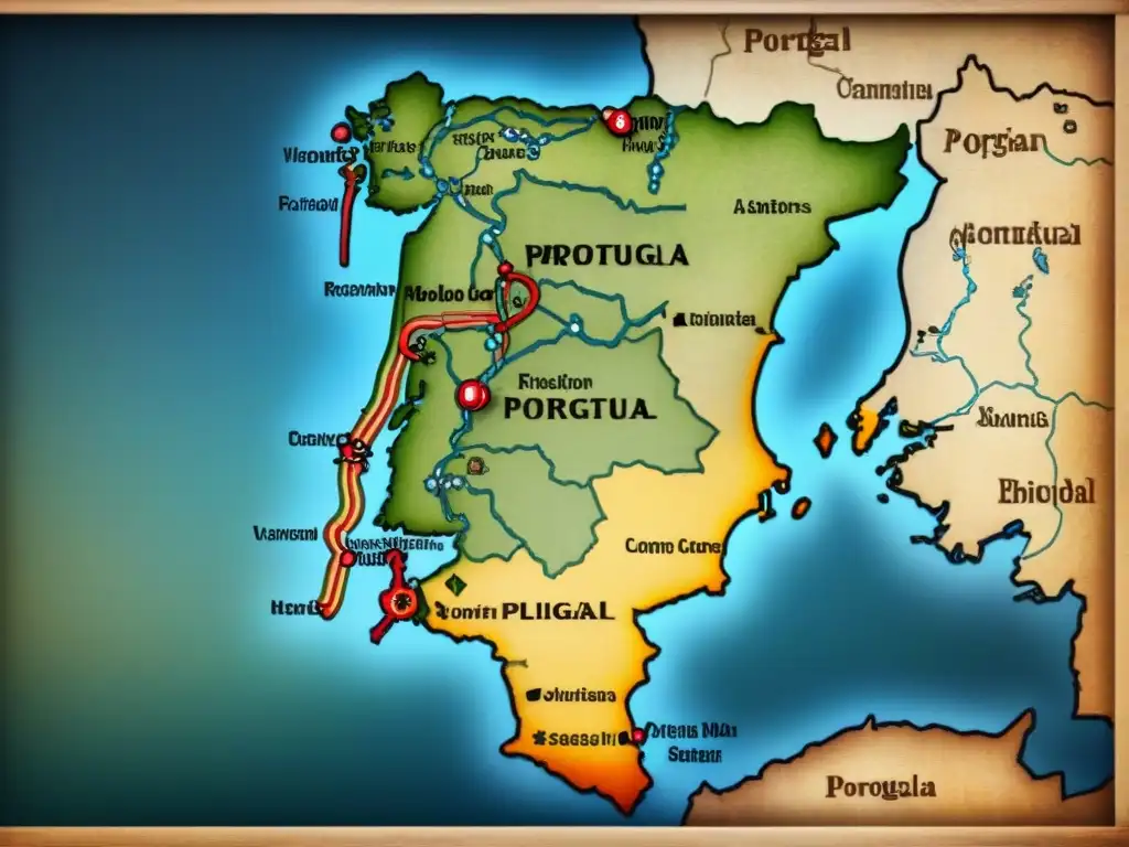 Mapa antiguo de Portugal con ciudades portuarias clave y rutas históricas de exploradores y navegantes, elementos náuticos desgastados