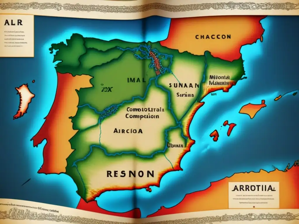 Mapa antiguo detallado mostrando conexiones históricas entre regiones árabes y España, con rutas comerciales, intercambios culturales y monumentos