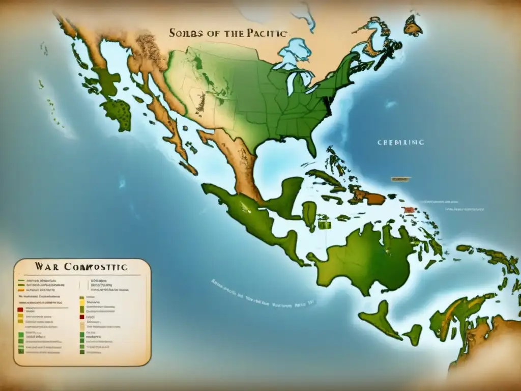 Mapa antiguo detallado de la Guerra del Pacífico, con ilustraciones de soldados y barcos en tonos sepia