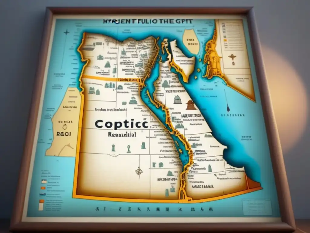 Mapa antiguo detallado de Egipto con historia de apellidos de minoría copta