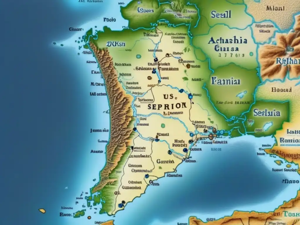 Mapa antiguo detallado de la Península Ibérica con rutas de migración judía y asentamientos históricos