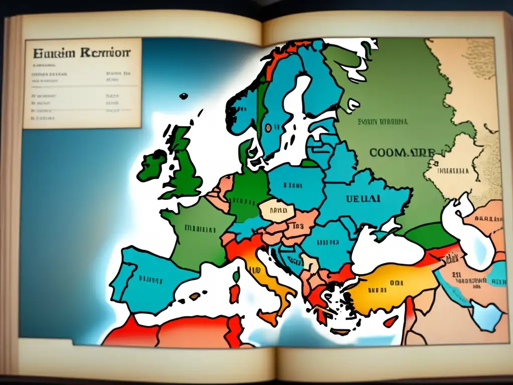 Un mapa antiguo detallado de Europa con ilustraciones de batallas, mostrando movimientos de linajes en guerras históricas