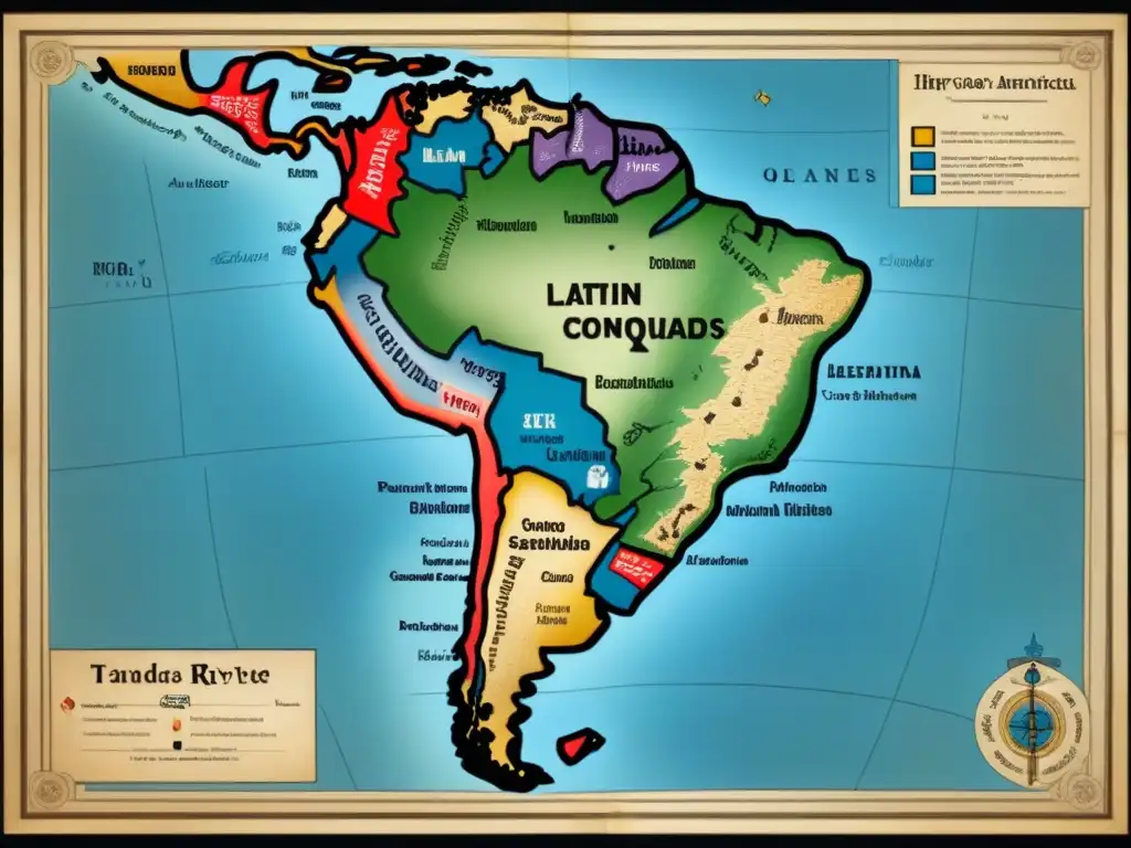 Mapa antiguo detallado de América Latina con apellidos con Q, rutas de conquistadores y retratos históricos