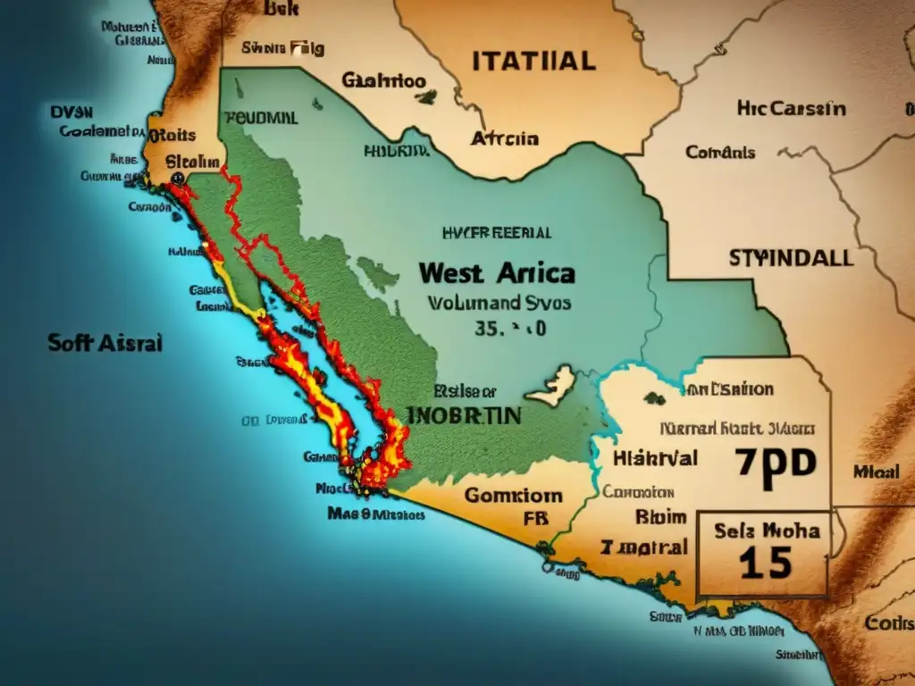 Mapa antiguo detallado de África Occidental, con símbolos tradicionales y tonos sepia