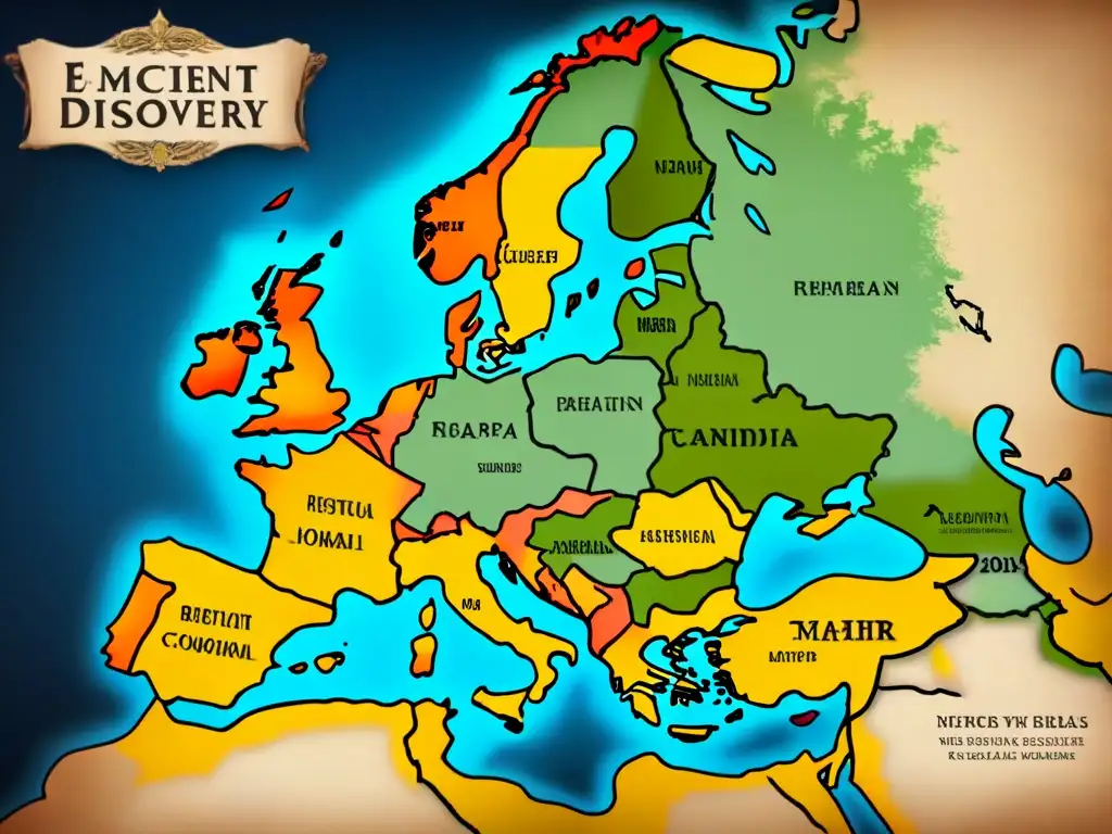 Mapa antiguo detallado de Europa con orígenes de apellidos que inician con 'V'