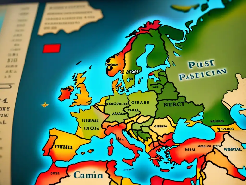 Mapa antiguo detallado de Europa en pergamino envejecido, con fronteras, ciudades y caligrafía elegante