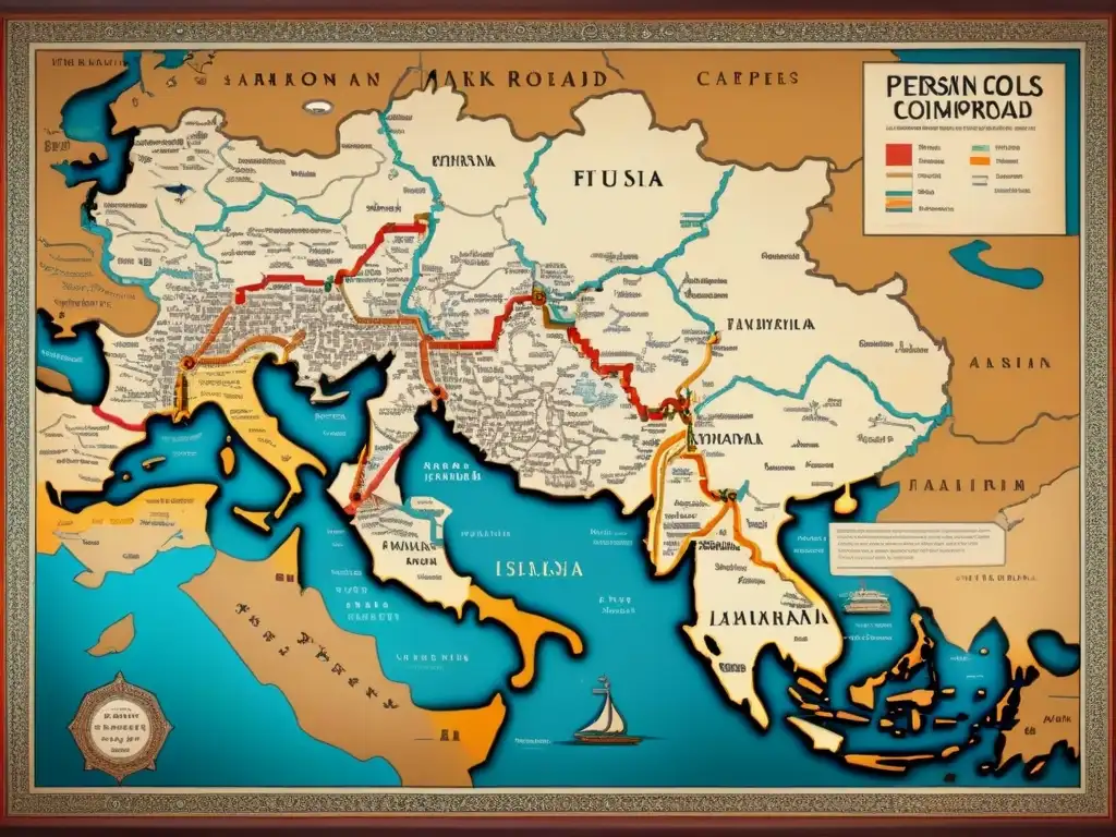 Mapa antiguo detallado de la Ruta de la Seda con símbolos persas y tonos terrosos, resaltando la interconexión cultural