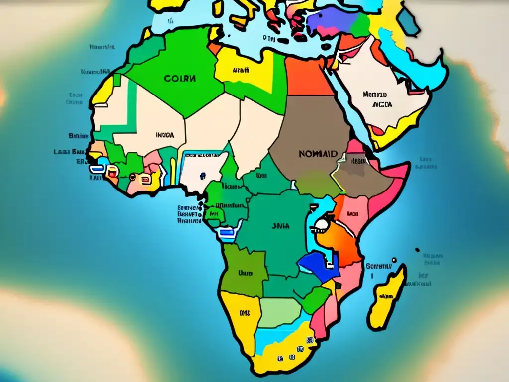 Mapa antiguo detallado de África, mostrando rutas de tribus nómadas