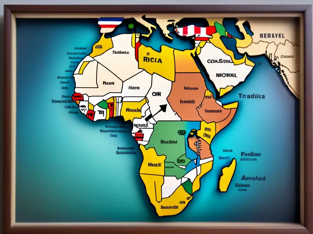 Mapa antiguo detallado de rutas comerciales entre África y América, con símbolos culturales y colonialismo, envejecido