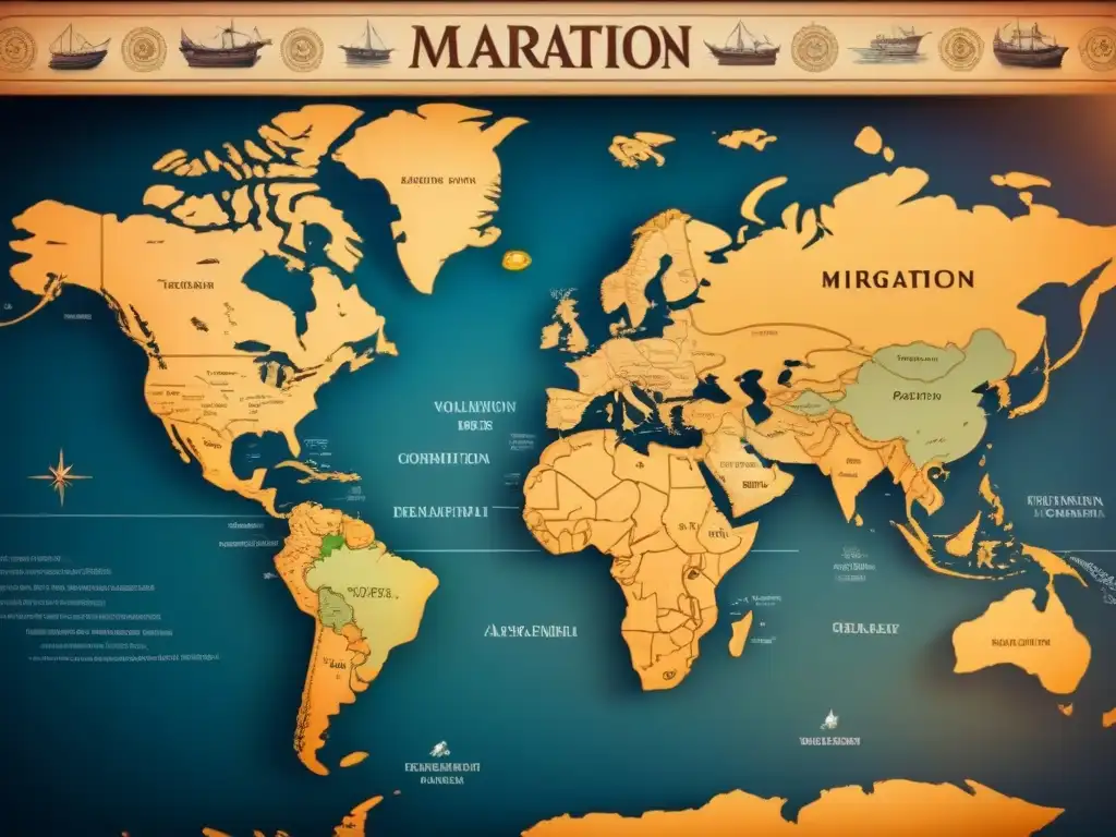 Mapa antiguo detallado con rutas de migración de ancestros, ilustraciones de barcos y trenes, rosas de los vientos y caligrafía elegante