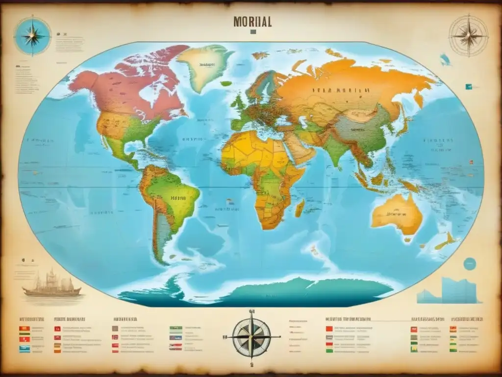 Mapa antiguo detallado con rutas migratorias ancestrales ADN marcadas en colores, evocando exploración y descubrimiento