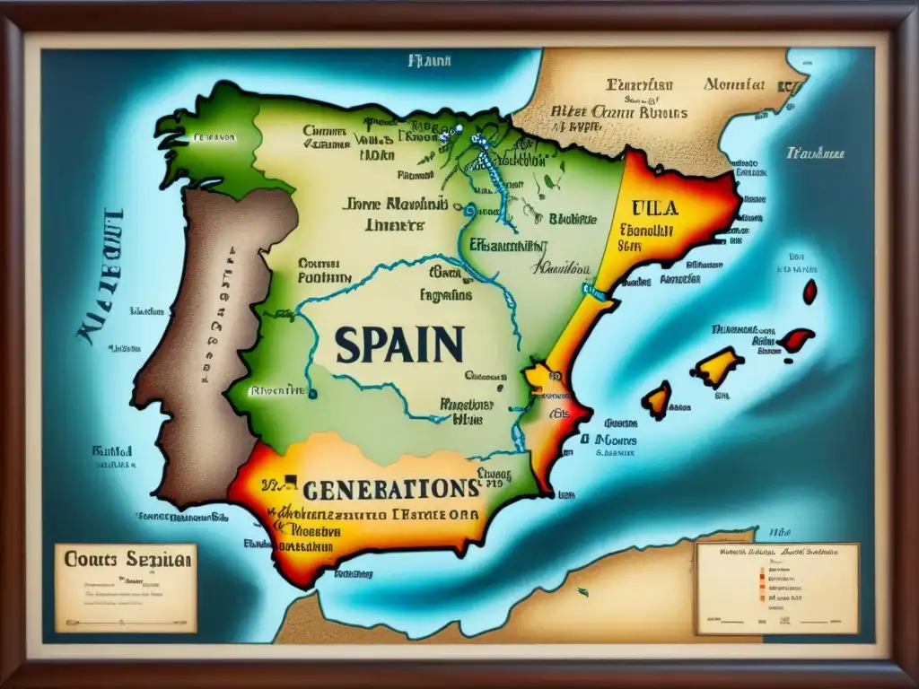 Mapa antiguo detallado de España con rutas de emigración y ciudades destacadas en tonos sepia