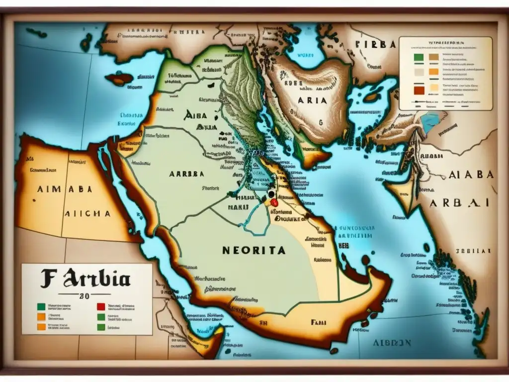 Un mapa antiguo detallado de Arabia con territorios tribales, apellidos y linajes en árabe