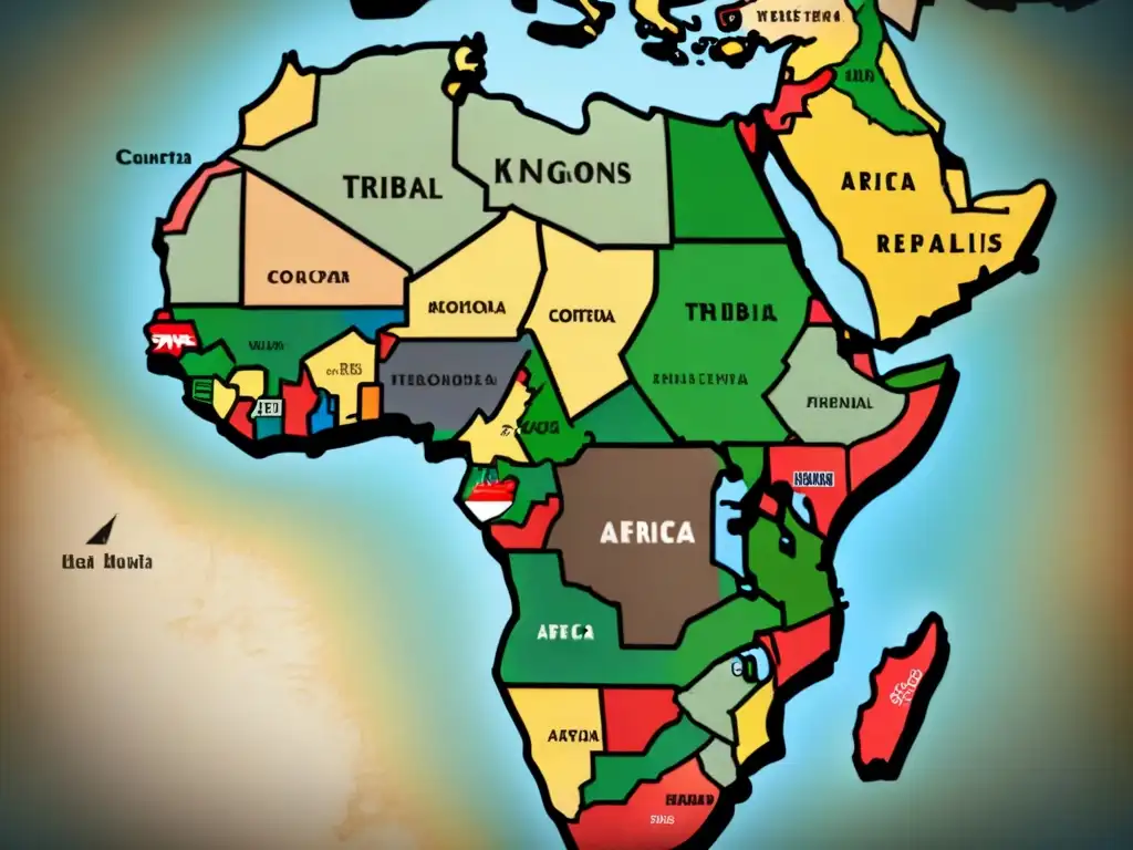 Un mapa antiguo detallado de África con evolución de territorios tribales y reinos, símbolos africanos tradicionales y patrones