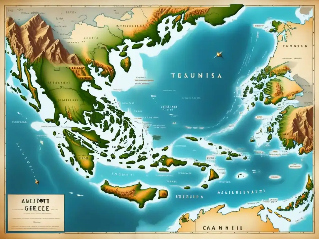 Mapa antiguo detallado de Grecia con tonos sepia, rosas de los vientos y criaturas míticas