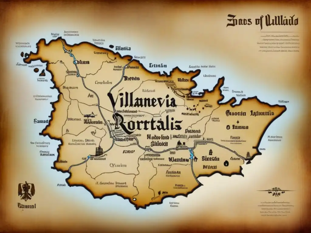 Mapa antiguo de Villanueva, Valencia y Valladolid con detalles históricos y escudos de familias, evocando la historia de apellidos, lugares y linajes