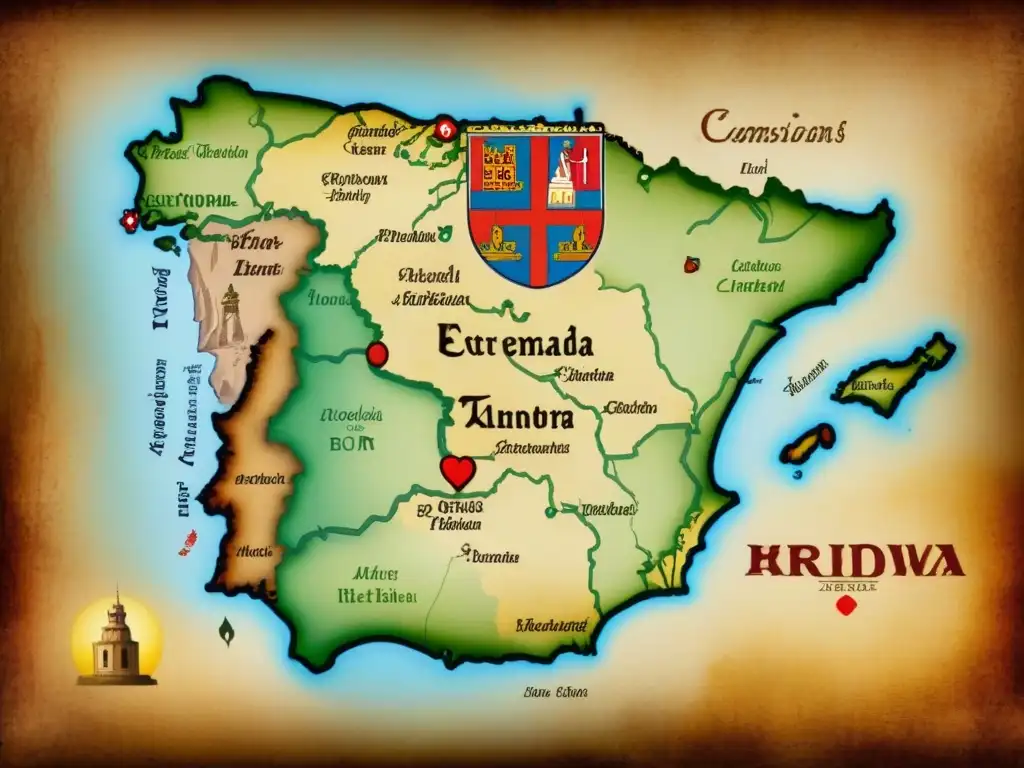 Mapa antiguo de Extremadura con fortificaciones medievales y escudos de familias nobles, historia de apellidos en Extremadura